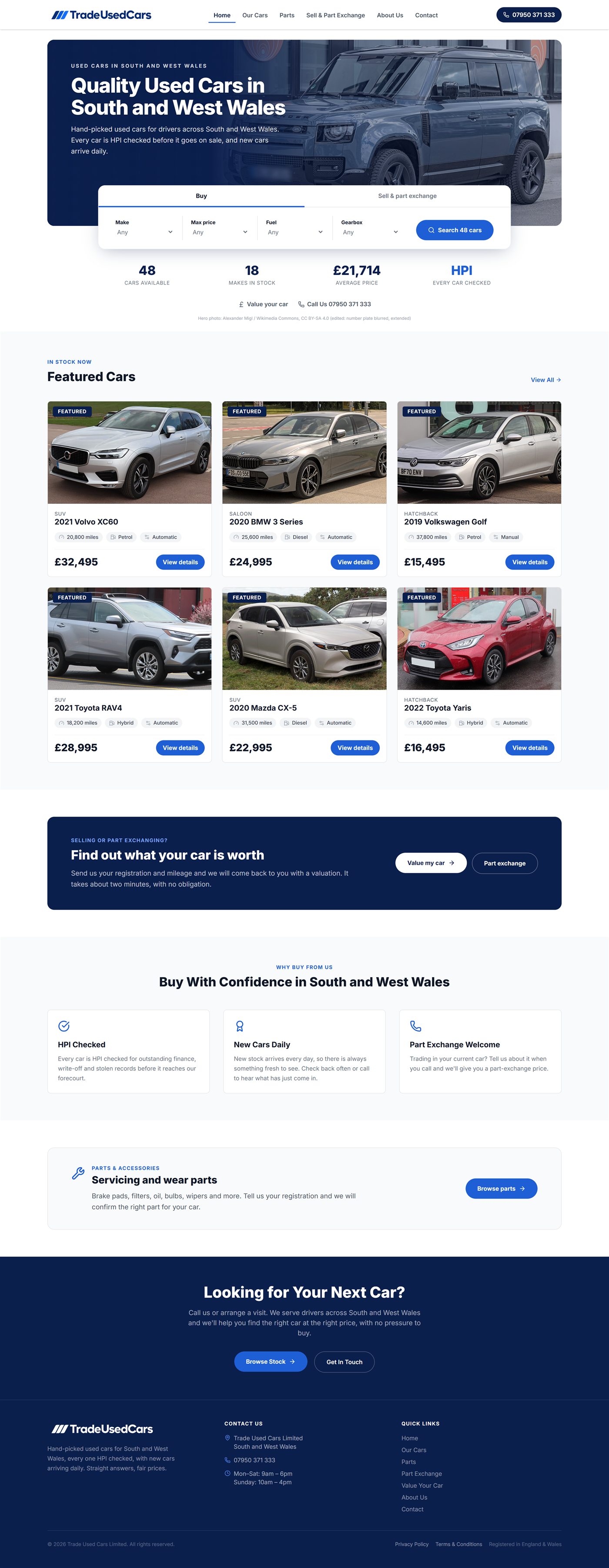 The full Trade Used Cars homepage