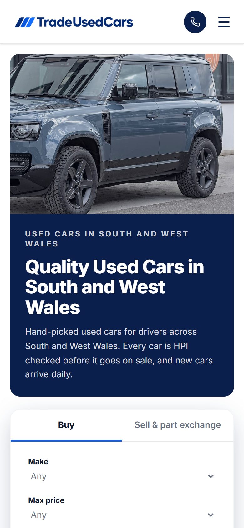 Trade Used Cars homepage on a phone